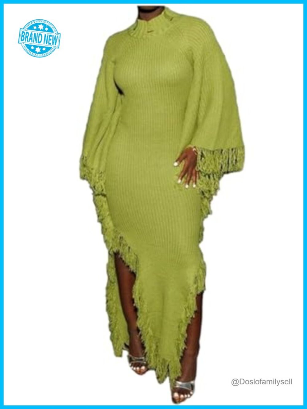 Women Turtleneck Knit Maxi Sweater Dress Fringe Long Sleeve